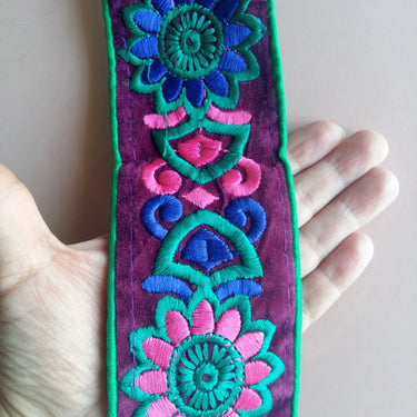 Green Fabric With Purple Velvet Trim With Green, Purple And Pink Floral Thread Embroidery, Approx. 65mm Wide - 200317L189